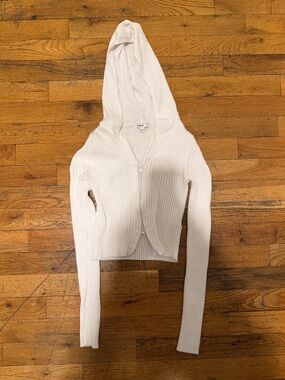 Women's White Ribbed Zip-Up Hoodie Top